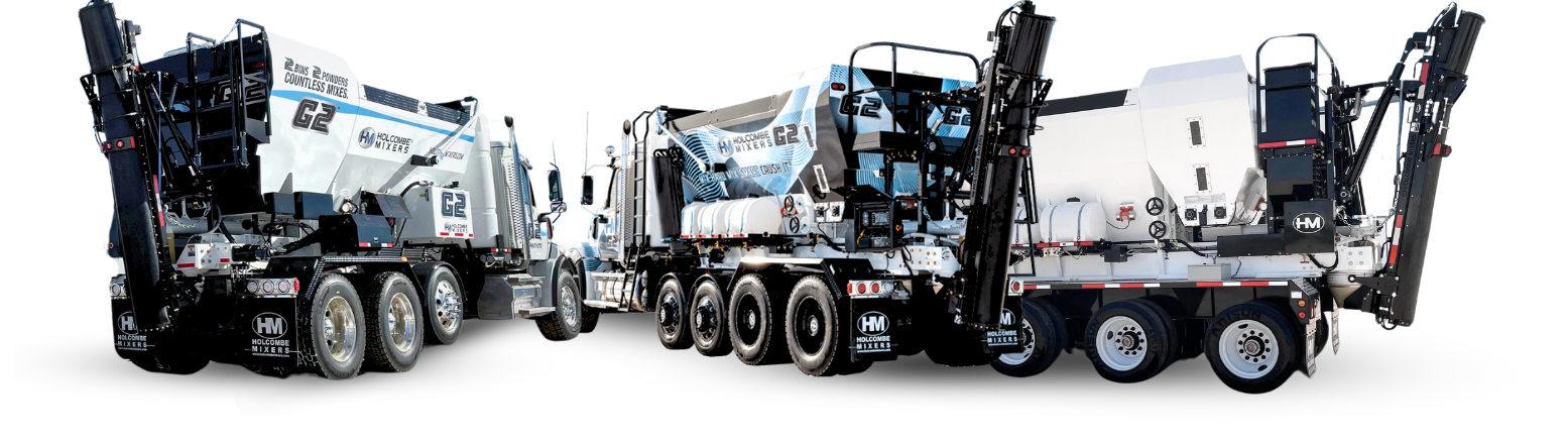Holcombe Mixers G2 Volumetric Concrete Mixer Trucks with Dual Bin Rear View
